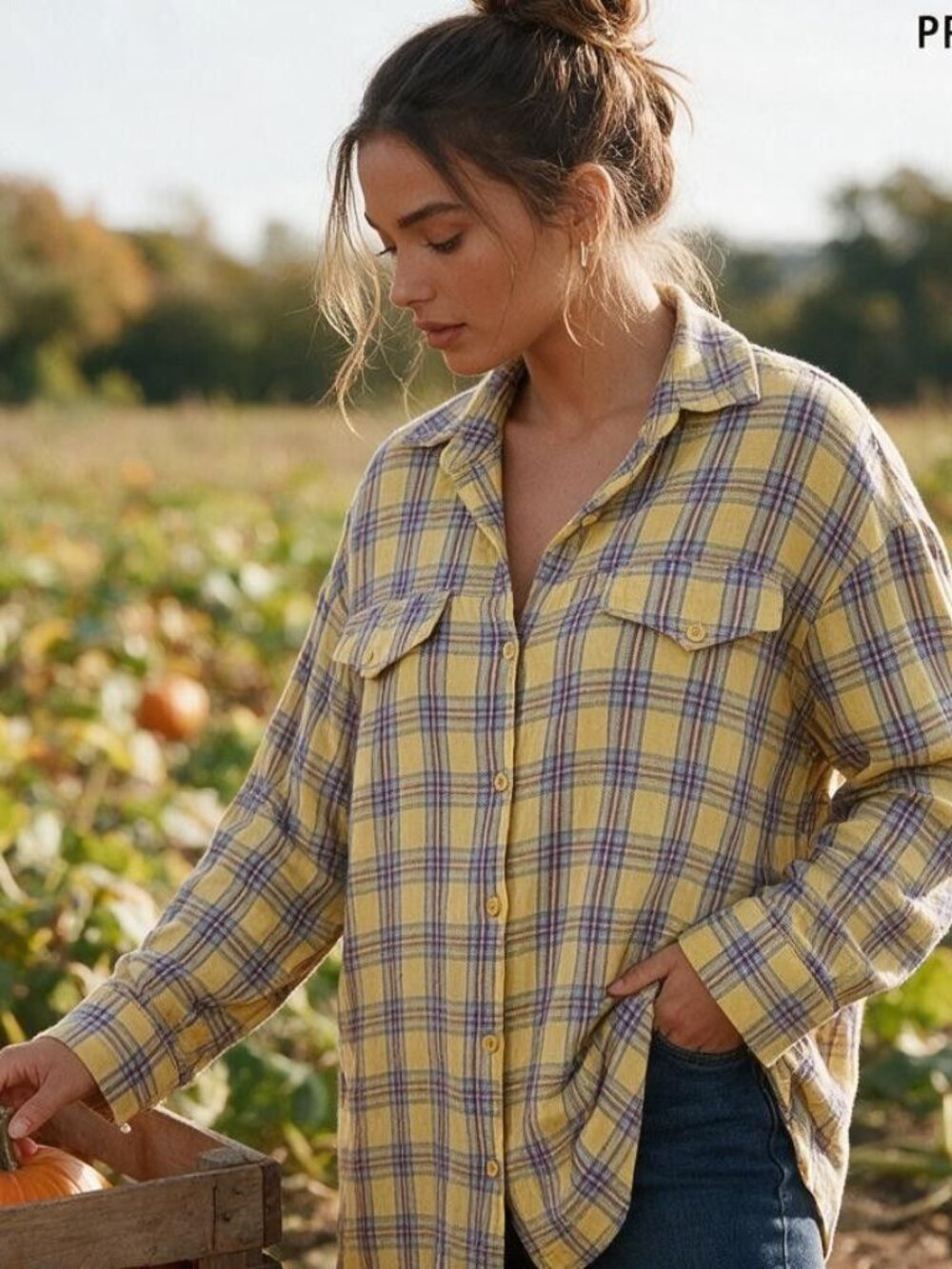 PrettyLittleThing Yellow Plaid Long Sleeve Button Down Shirt Size 6 Flannel